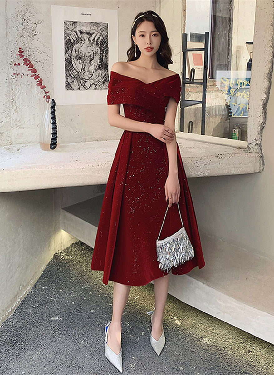 Wine Red Off Shoulder Tea Length Velvet Party Dress, Wine Red Prom Dre