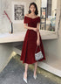 Wine Red Off Shoulder Tea Length Velvet Party Dress, Wine Red Prom Dress