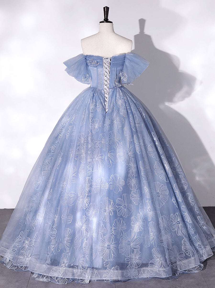 Cute Blue Tulle With Lace Cap Sleeves Party Dress, Tulle Ball Gown Sweet 16 Dress