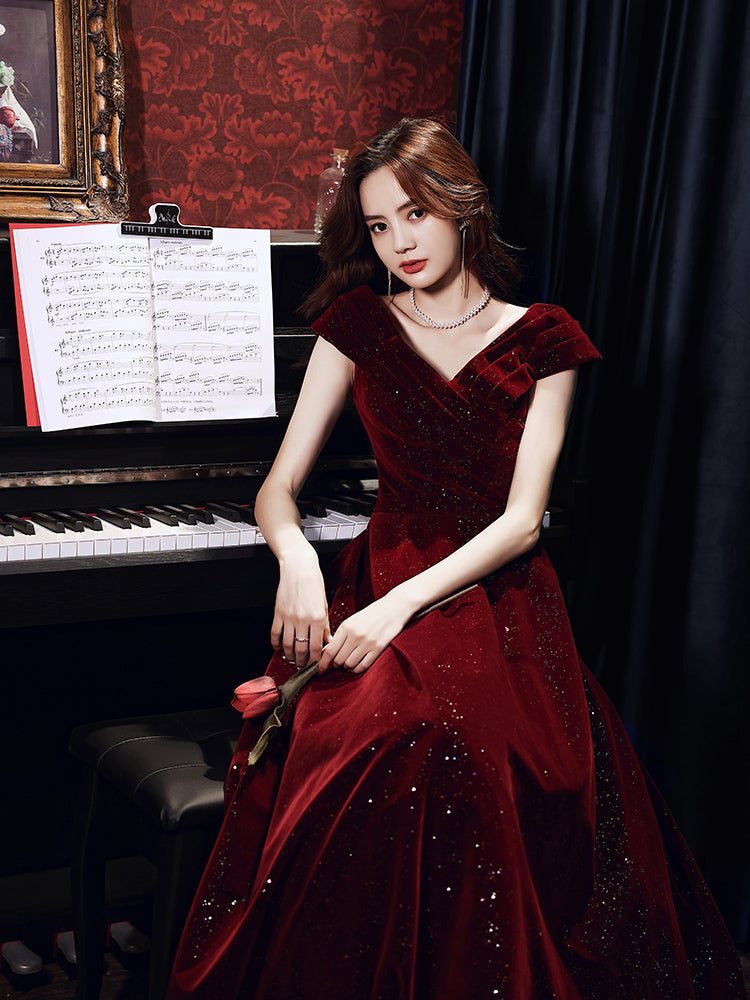 Beautiful V-neckline Straps Wine Red Velvet Prom Dress, Long Party Dress