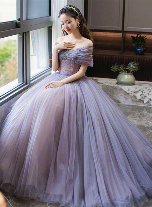 Purple Beaded Tulle Ball Gown Formal Dress, Off Shoulder Sweet 16 Formal Dress