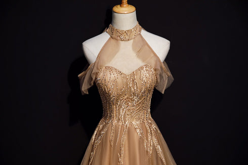 Charming Champagne Tulle Halter Long Party Gown, Prom Dress