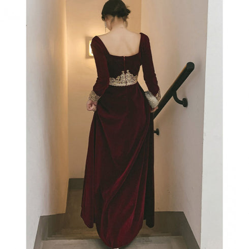 Elegant Wine Red Velvet Long Sleeves Party Dress, Dark Red Evening Dress