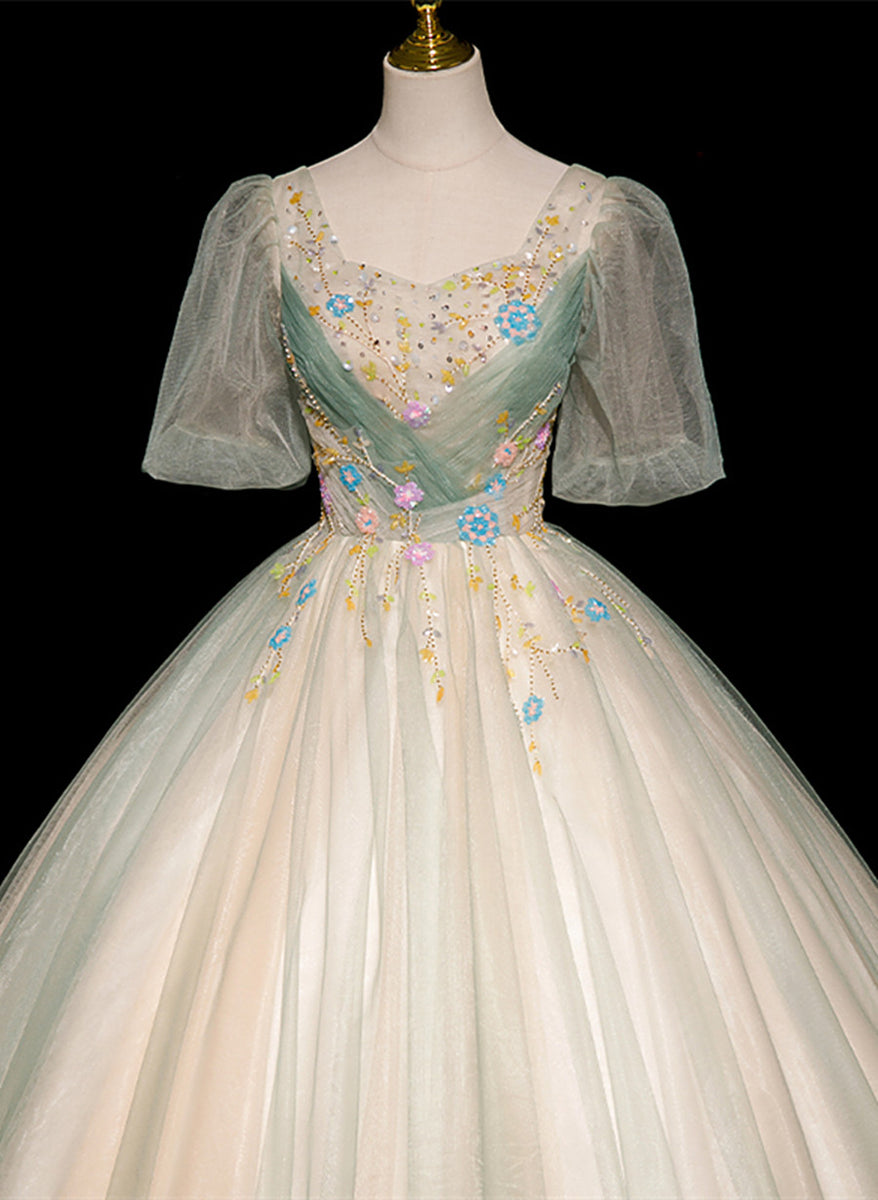 Lovely Green and Champagne Tulle Long Formal Dress, Ball Gown Party Dress US size 12 / Champagne