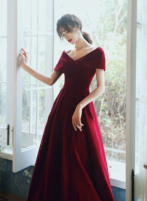 Wine Red Velvet Simple A-line Long Wedding Party Dress, Wine Red Evening Dress