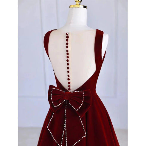 Wine Red Tea Length Velvet Party Dress with Bow, Burgundy Wedding Party Dresses