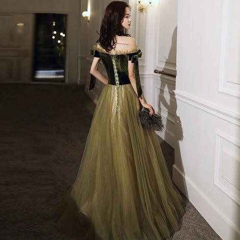 Green Off Shoulder Velvet and Tulle Long Evening Dress with Lace, Long Prom Dresses