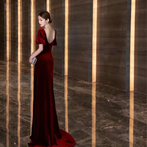 Wine Red Velvet Long Round Neckline Party Dress, Wine Red Prom Dresses