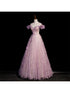 Pink Tulle Long Off Shoulder Party Dress with Flowers, Pink Evening Dress Prom Dress