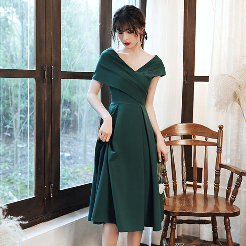Green Off Shoulder Knee Length Bridesmaid Dress, Dark Green Short Party Dress Formal Dress