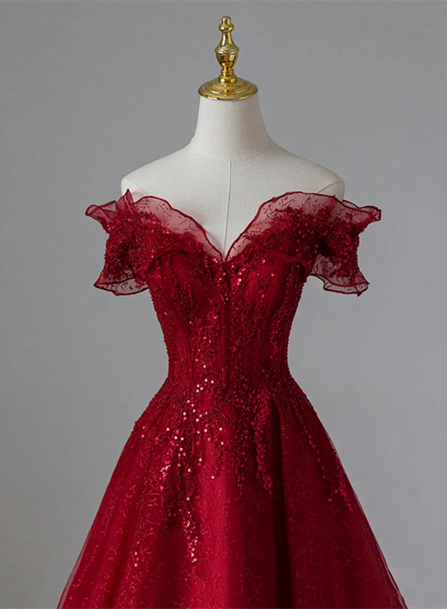 Wine Red Tulle with Lace V-neckline Straps Party Dress, Wine Red Tulle Prom Dress