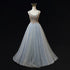 Blue Tulle with Flowers Straps Long Evening Dress, Blue Prom Party Dresses