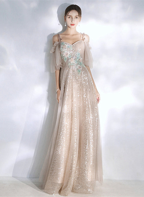 Light Champagne Sequins and Tulle A-line Prom Dress, Long Wedding Party Dress