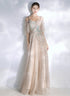Light Champagne Sequins and Tulle A-line Prom Dress, Long Wedding Party Dress