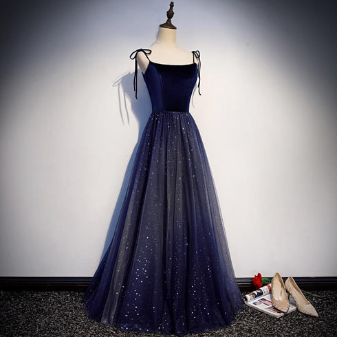 Beautiful Navy Blue Tulle Straps Long Velvet Party Dress, Blue Prom Dress