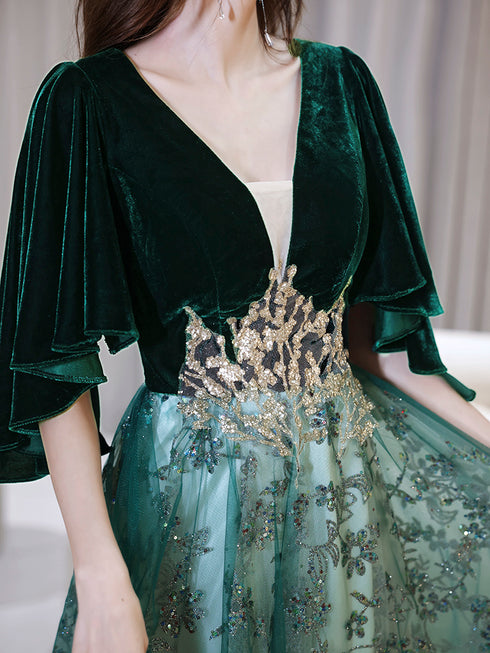Green V-neckline Velvet Top and Tulle Long Party Dress, Green Formal Dress