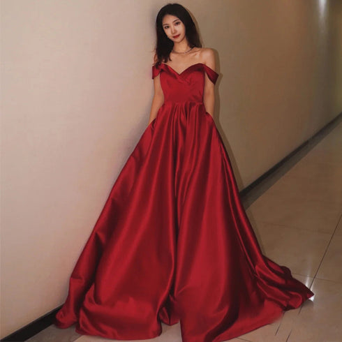Dark Red Satin Long Prom Dresses, A-line Sweetheart Evening Dress Formal Gown