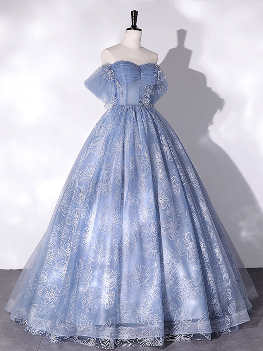 Blue Ball Gown Tulle Off Shoulder Long Formal Dress, Blue Sweetheart Party Dress