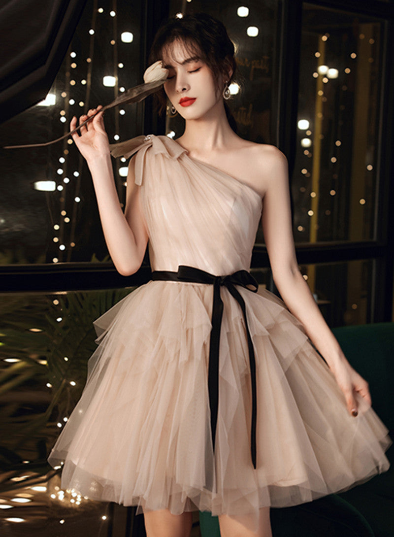Sparkly Champagne One Shoulder Tight Short Party Dress with Tassels