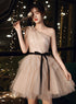 Champagne One Shoulder Tulle Short Party Dress, Short Homecoming Dresses