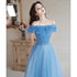 Blue Off Shoulder Beaded A-line Floor Length Party Dress, Blue Evening Gown
