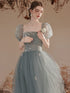 Light Green Short Sleeves Tulle Floor Length Party Dress, A-line Evening Formal Gown