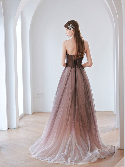 Charming Gradient A-line Pink Beaded Long Evening Gown, Tulle Long Prom Dress