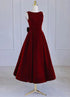 Wine Red Tea Length Velvet Party Dress with Bow, Burgundy Wedding Party Dresses