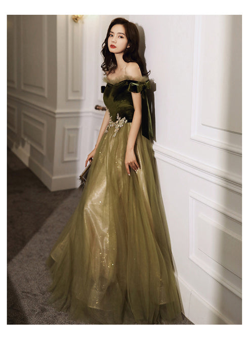 Green Off Shoulder Velvet and Tulle Long Evening Dress with Lace, Long Prom Dresses