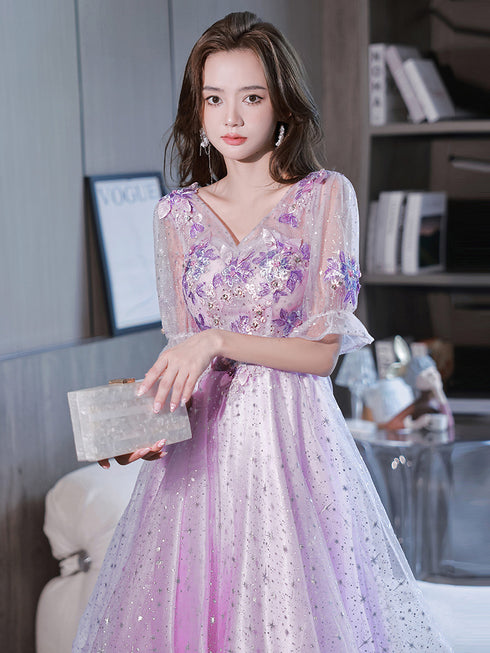 Lovely Light Purple High Low Tulle with Lace Party Dress, Short Sleeves Homecoming Dresses