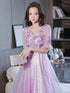 Lovely Light Purple High Low Tulle with Lace Party Dress, Short Sleeves Homecoming Dresses