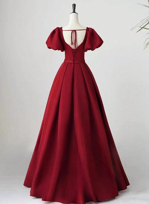 Wine Red Short Sleeves A-line Floor Length Party Dress, Long Prom Dress