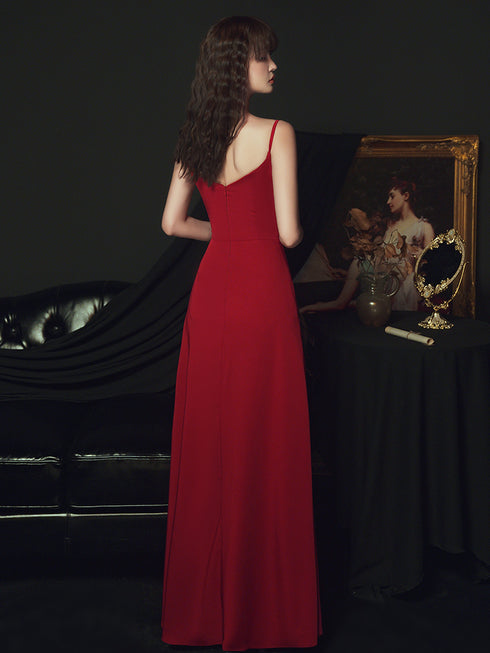 Sexy Wine Red Satin Straps Long Party Dress, Charming Dark Red Formal Dresses