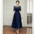 Navy Blue Tea Length Satin Short Sleeves Party Dress, Blue Wedding Party Dresses