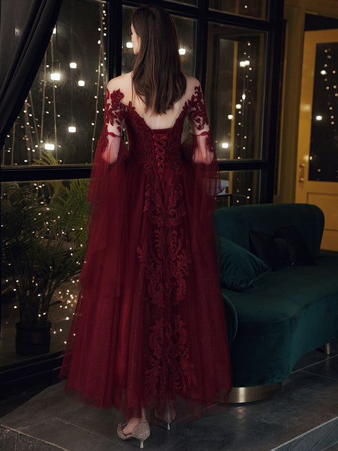 Wine Red Tulle with Lace Applique Long Party Dress, Wine Red Prom Dress