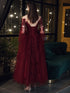 Wine Red Tulle with Lace Applique Long Party Dress, Wine Red Prom Dress
