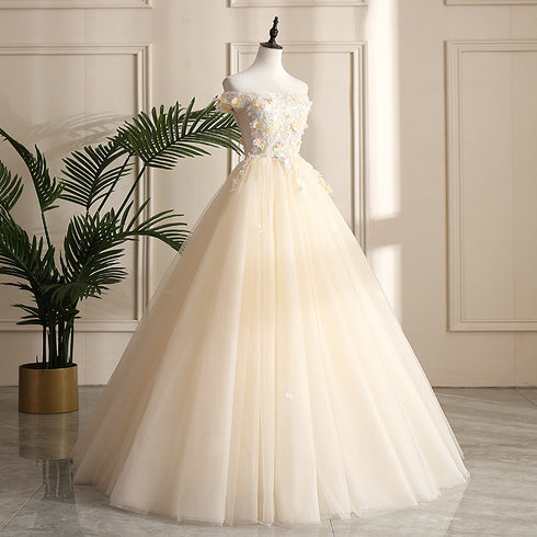 Pretty Tulle Champagne Off Shoulder  Prom Dress, Flowers Lace Formal Dress
