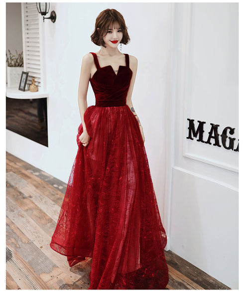 Wine Red A-line Floor Length Velvet and Tulle Straps  Evening Dress Prom Dress