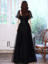 Black Off Shoulder Tulle Long Party Dress, Black A-line Long Prom Dress