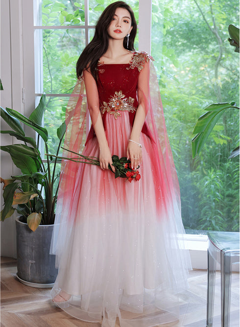 Red Gradient Tulle with Flowers Long Wedding Party Dress, Red Formal Dress