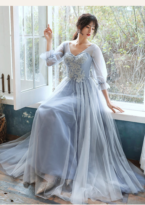 Light Blue Tulle Long Party Dress with Puffy Sleeves, Blue Evening Dress Prom Dress