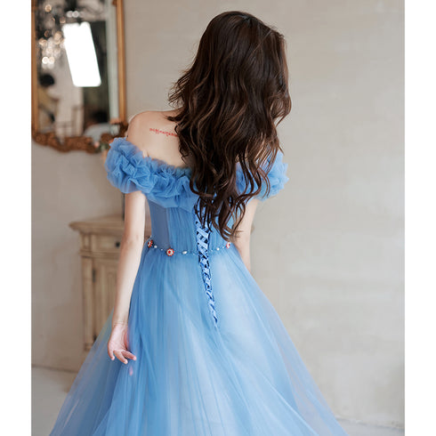 Blue Off Shoulder Beaded A-line Floor Length Party Dress, Blue Evening Gown