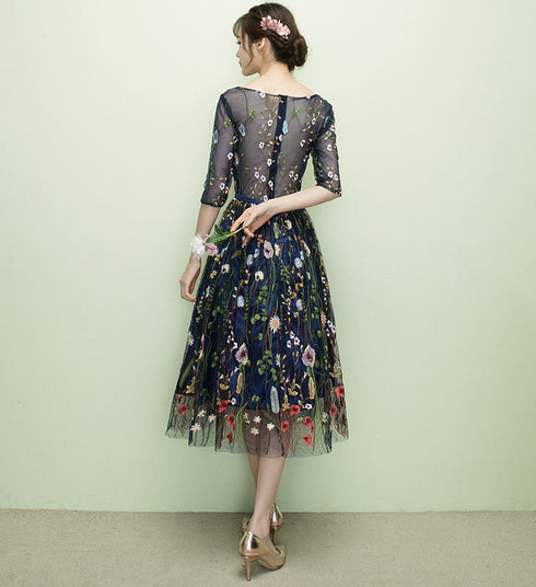 Navy Blue Floral Lace Short Bridesmaid Dresses, Cute Blue Homecoming Dress Prom Dress