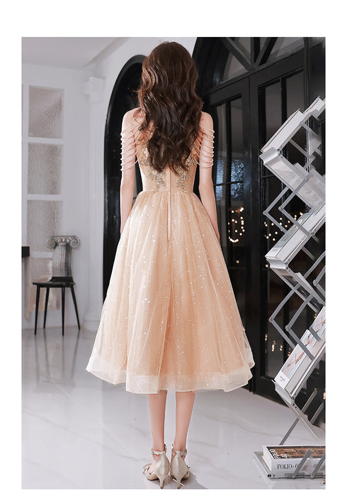 Champagne Halter Tea Length Shiny Tulle with Lace, A-line Short Prom Dress