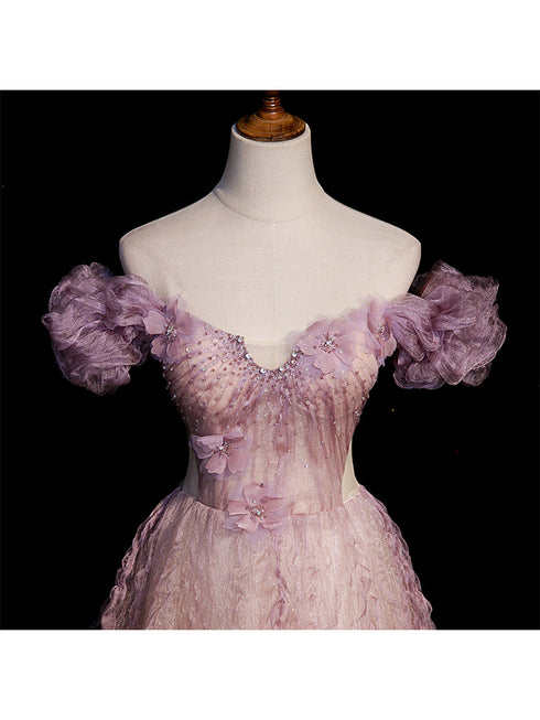 Pink Tulle Long Off Shoulder Party Dress with Flowers, Pink Evening Dress Prom Dress