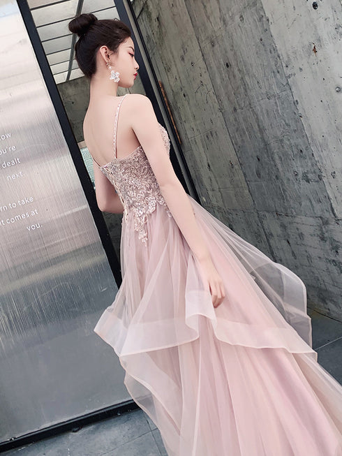 Pink Layers Tulle V-neckline Straps Prom Dress, Pink Tulle Prom Dress