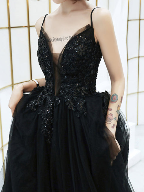 Black V-neckline Tulle with Lace Applique Long Prom Dress, Black Evening Dress