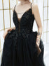 Black V-neckline Tulle with Lace Applique Long Prom Dress, Black Evening Dress
