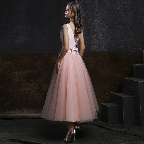Pink Satin and Tulle V Back Tea Length Party Dress, Pink Wedding Party Dresses