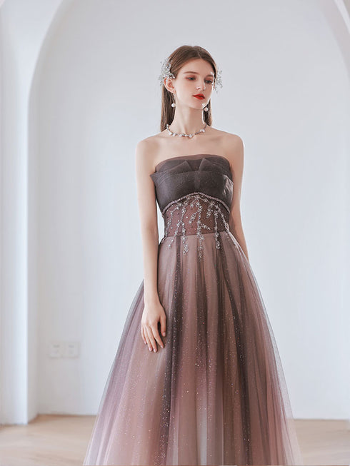 Charming Gradient A-line Pink Beaded Long Evening Gown, Tulle Long Prom Dress